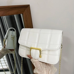White quilted crossbody bag with gold chain strap and square metal buckle for women
