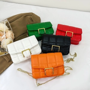 Quilted crossbody chain bag in five vibrant colors featuring golden metal buckle and faux leather