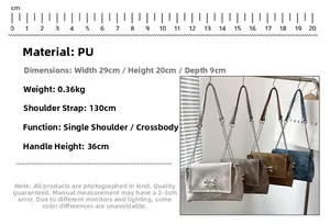 Detail showing high-capacity PU tote bag with butterfly chain and 29x20x9cm size chart