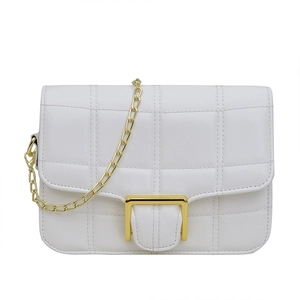 White quilted square bag with gold chain strap and metal buckle for elegant daily wear