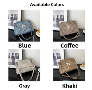 Detail showcasing large tote bag in blue, coffee, grey, and khaki with butterfly chain