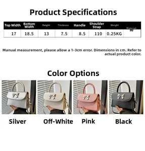 Detailed size chart and multi-color options for the bow-knot PU leather handbag