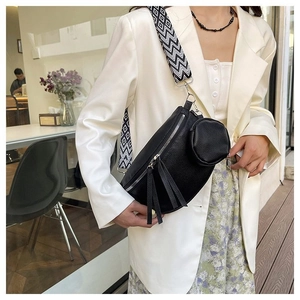 Litchi texture crossbody bag with geometric wide strap and mini round coin pouch