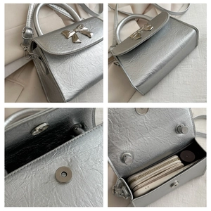 Detailed close-up views showing the silver metallic bow buckle and interior of the handbag