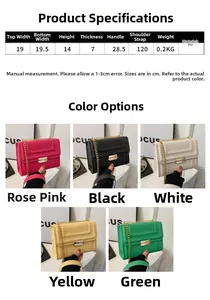 Infographic showing PU leather square bag dimensions and five available color variants