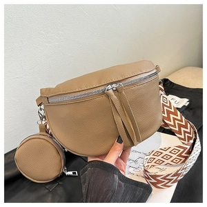 Brown lychee leather crossbody chest bag with round coin purse and woven strap