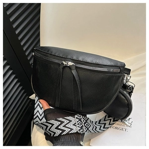 Black crescent crossbody bag with lychee texture and geometric pattern wide strap
