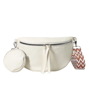 White pebbled leather crescent crossbody bag with woven wide strap and small round coin pouch