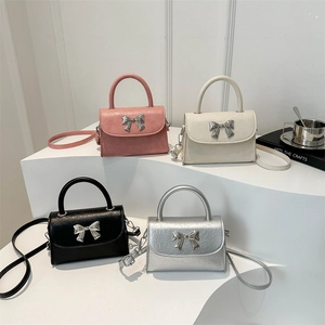 Women Fashion Bowknot Small Square Bag PU Leather Crinkled Texture Silver Metal Bow Shoulder Crossbody Bag Handbag For Daily