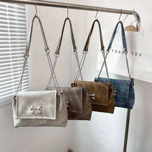 Vintage PU Leather Bowknot Chain Shoulder Bag For Women Large Capacity Tote Crossbody Bag For Casual Commuting School