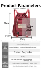 Detailed size chart for the large burgundy nylon backpack with adjustable straps and drawstring