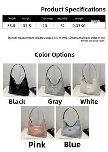 Detailed size specifications and five color options for the large PU leather tote bag