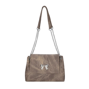 Brown faux leather tote bag with butterfly buckle and silver chain strap for women