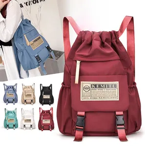Collage of waterproof drawstring backpacks in diverse colors showing multi-compartment details