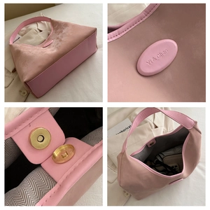 Detailed views of pink hobo bag with Yi & Chen logo, magnetic buckle and spacious interior
