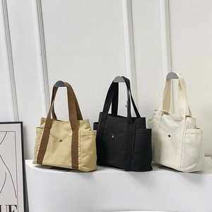 Simple Canvas Tote Bag Large Capacity Multi-Pocket Shoulder Handbag Women Commuting Casual School Shopper Bag With Zipper