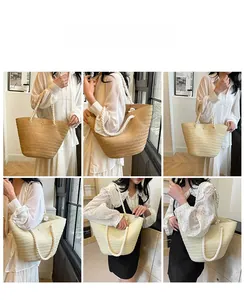 Detailed views of stylish woven straw tote bag with rope handles on model in various angles