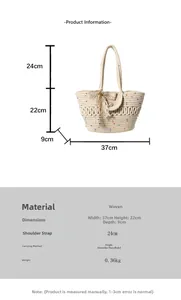 Detail view of woven shoulder bag with dimensions 37x22x9cm and lace bow decoration