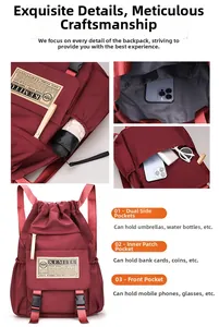 Detail view of burgundy nylon backpack showing side pockets and inner storage compartments