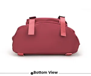 Detail showing the bottom of the burgundy backpack with adjustable straps and metal rings