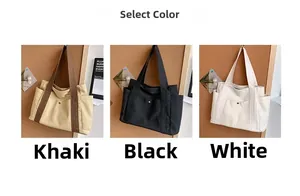 Detailed comparison of canvas tote bags in khaki, black, and white options with side pockets