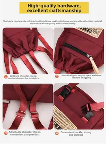 Detail view of wide shoulder straps, smooth zippers and durable buckles on the burgundy backpack