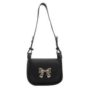 Classic black saddle crossbody bag with silver bow accent and adjustable shoulder strap