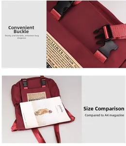 Detail of burgundy backpack buckle and spacious main compartment fitting A4 books