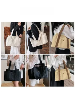 Collage of model carrying a large canvas tote bag in various casual and stylish ways
