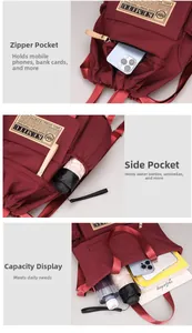 Detail view of burgundy backpack features drawstring closure and large storage capacity