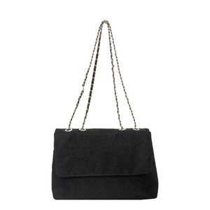 Elegant black tote bag with metallic chain strap and shimmering fabric texture for daily use