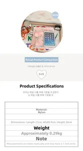 Pink nylon tote bag dimensions 31x9x34cm with cute bear print and size comparison