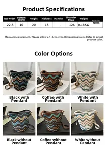 Detailed size chart for striped knit bucket bag showing dimensions and colors of crossbody tote