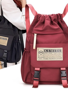Large capacity drawstring backpack in black and burgundy with waterproof nylon fabric