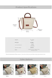 Dimensions détaillées et options de couleur pour le sac seau en paille tressée et PU