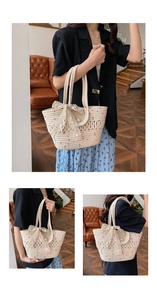 Detail of crochet tote bag with lace bow and colorful polka dots in warm indoor setting