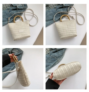 Détails du sac cabas tressé crème avec poignées en bois et bandoulière pratique