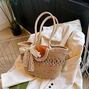 French style woven cotton shoulder bag with leather flap and lace bow for beach vacation