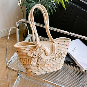 French style hollow cotton woven beach tote bag with colorful polka dots and pearl buckle