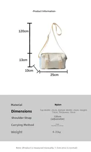 Size chart showing nylon crossbody bag dimensions 25x13x10cm with adjustable strap