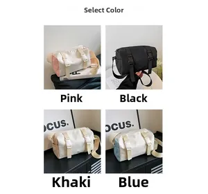 Detail showing cylindrical canvas crossbody bags in pink black khaki and blue color options