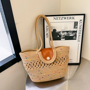 French woven cotton straw shoulder bag with pearl clasp for summer beach vacations