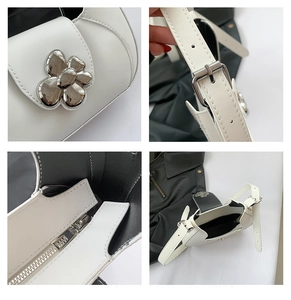 Vues détaillées du sac en cuir blanc avec boucle fleur argentée et fermeture éclair métal
