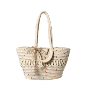 French style hollow cotton woven shoulder bag with lace bow for summer beach vacation