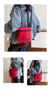 Detailed views of a red nylon crossbody bag with adjustable strap and multiple zipper pockets