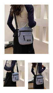 Multiple views showing a mini nylon crossbody bag with adjustable strap and pockets