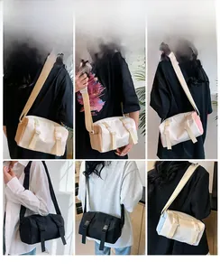 Detail shots of canvas cylinder crossbody bags featuring adjustable straps and buckle designs