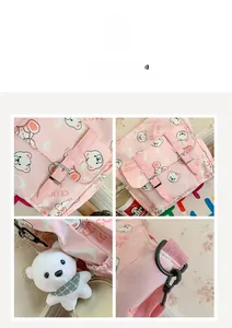 Close-up of pink backpack with cartoon bear prints, dual straps, and plush pendant detail