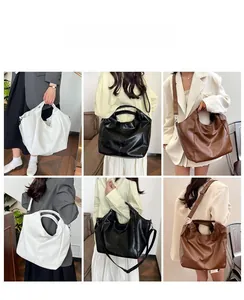 Three colors of soft leather tote bag showing crossbody and shoulder carrying styles