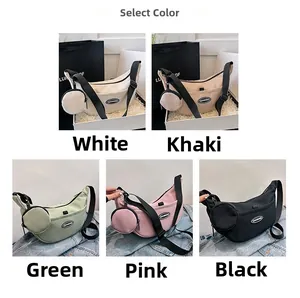 Detail view of crescent nylon bags in five colors with matching round coin purses